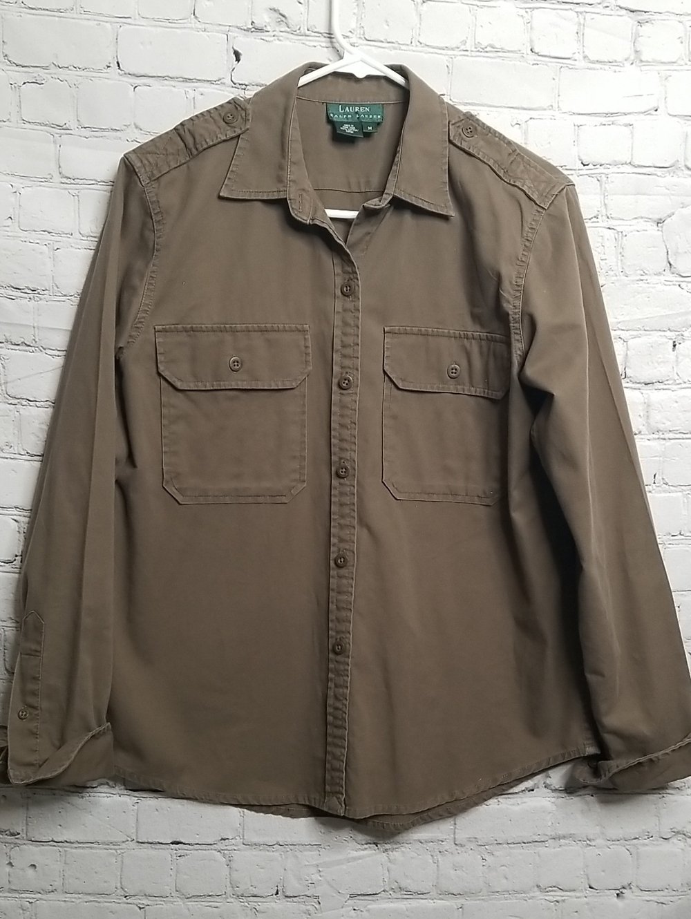 Lauren Ralph womens Olive Military-Style shirt 100 % cotton size Medium EUC